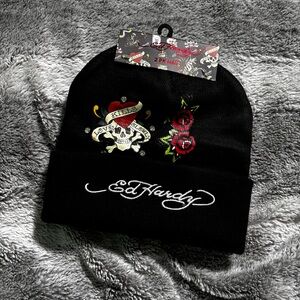 Ed Hardy Black Beanie with Colorful Tattoo Design